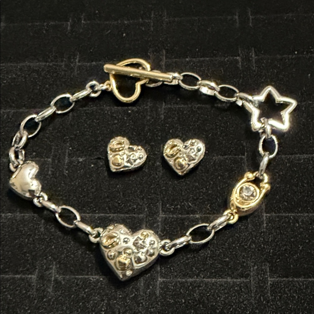 Coach Silver and Gold Heart Charm Bracelet with Matching Heart Earrings